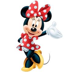 a cartoon minnie mouse with red and white polka dots on it's head, pointing at