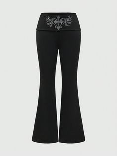 Y2K High Waist Cross & Wing Rhinestone Flared Pants For Women, School Black Casual,Elegant   Polyester Plain Flare Leg High Stretch  Women Clothing, size features are:Bust: ,Length: ,Sleeve Length: Black And White Star Pants, Takuachita Pants, Jordan 4 Flare Pants, Hello Kitty Rhinestone Pants, Black Flare Pants Hippie, Butterfly Flare Leggings, Y2k Pants, Shein Pants, Flared Leggings