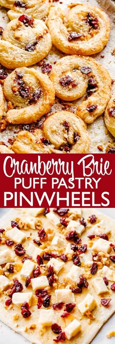 cranberry pie puff pastry pinwheels on a baking sheet with text overlay