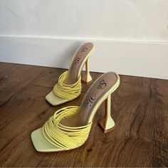 High Heel Mule Peep Toe Heels - Used For Product Photography - Never Worn - Size 6 (Runs True To Size) - Yellow Strap Across Toes - 2” Inch Heel Yellow Open Heel Synthetic Heels, Yellow Synthetic Open Heel Shoes, Yellow Synthetic Open Heel, Fitted Yellow Heels With Wrapped Heel, Neon Yellow Fitted High Heels, Fitted Neon Yellow High Heels, Yellow Heels With Wrapped Heel For Party, Yellow Party Heels With Padded Heel, Yellow Square Toe Heels For Party