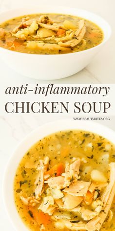 two bowls filled with chicken soup on top of a white counter