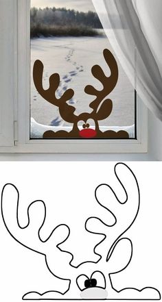 an image of a reindeer looking out the window with snow on it's ground