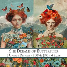 two women with red hair and butterflies on their heads are surrounded by flowers, butterflies, and mountains