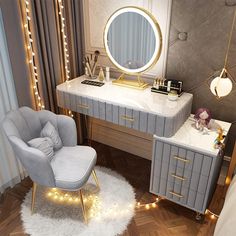 a pink vanity with a chair and mirror