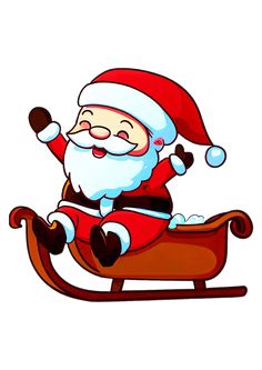 santa claus riding on a sleigh with his arms in the air and smiling