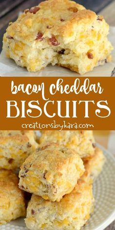 bacon cheddar biscuits are stacked on top of each other