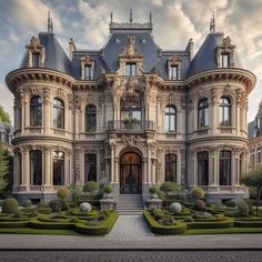 an ornately designed house with hedges in the front yard