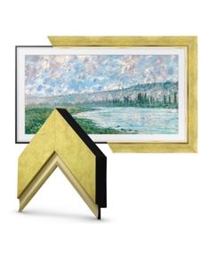 two framed paintings one is gold and the other is blue with white clouds above it