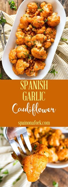 this is an image of a plate of spanish garlic cauliflower with a fork in it