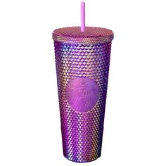 a pink and purple cup with a straw in it