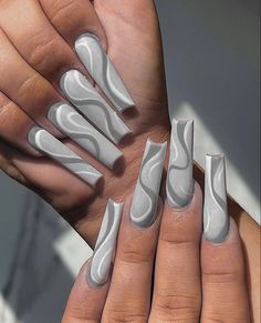 Cute Grey Acrylic Nails, Grey Abstract Nails, White And Grey Nails Acrylic, Grey Nail Inspiration, Gray Nail Inspo Acrylic, Grey Acrylic Nail Designs, Gray Coffin Acrylic Nails, Gray Acrylic Nails Design, Arclyc Nail Ideas