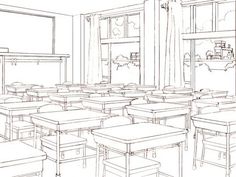 a drawing of a classroom with desks and chairs