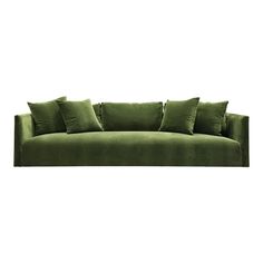 a green couch with four pillows on the back and one pillow in the middle, against a white background