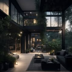 a living room filled with lots of furniture next to tall windows and plants on the wall