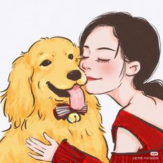 a drawing of a woman kissing a dog with her tongue out and wearing a red dress