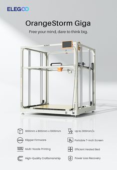 an advertisement for the elecco orangestorm giga 3d printer, with information about it