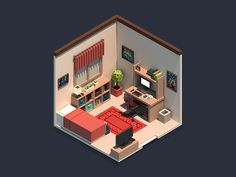 an overhead view of a living room and kitchen in a small house or apartment with furniture