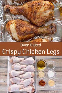 oven baked crispy chicken legs in tin foil with spices and seasonings on the side