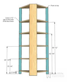 the plans for a bookcase are shown in blue and white, with measurements on each shelf