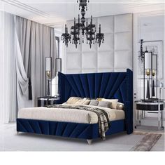 Bed luxiry beautiful look sell in cheap price Royal Bedroom Design, Design Ložnic, Art Deco Bed, Velvet Bed Frame, Blue Bed, Bespoke Beds, Opulent Interiors, Tall Headboard, Upholstered Panel Bed