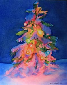 a painting of a christmas tree in the snow