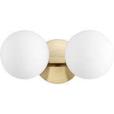 an image of two white balls on a brass plated wall light with three round glass globes