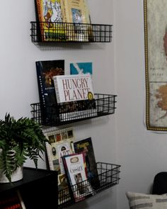 some books are hanging on the wall next to a plant