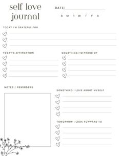 a self love journal with flowers and hearts on the page, in black and white