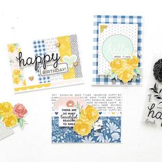 three cards with flowers and words on them, one has a tag that says happy