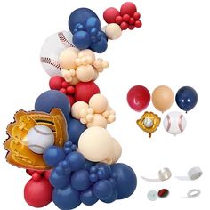 balloons and baseballs are arranged in the shape of a number one on a white background