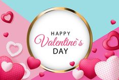 happy valentine's day with hearts and gold frame on pink and blue geometric background