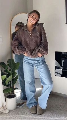 Cute Outfit Ideas | Winter Outfit Ideas | Winter Cute Outfits Dressy, Casual Comfortable Outfits Summer, Chilly Date Outfit, Fall Fleece Outfit, Nice Outfits For Cold Weather, Fall Outfits Knit Sweaters, Fall Back To School Outfits College, Striped Quarter Zip Outfit, Comfy Put Together Outfits Winter