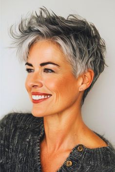 Spiky Pixie Short Hairstyle For Women Over 40. Short Funky Grey Hairstyles, Edgy Short Hair Styles For Women, Short Spiky Hairstyles For Women Over 50, Short Gray Hair Edgy, Funky Short Hair Over 50, Funky Short Haircuts, Funky Pixie Cut, Wavy Pixie Haircut, Gray Pixie