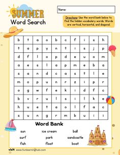 the summer word search worksheet with words and pictures to help students learn how to use