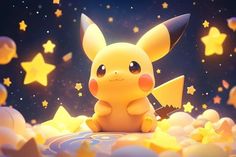 a pikachu sitting on top of a pile of stars