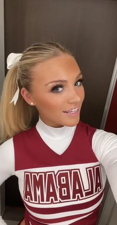 Cheer Hair And Makeup, School Cheer Makeup, Cute Cheer Makeup, College Cheer Hairstyles, Cheerleading Ponytail, Cheer Comp Makeup Looks, Gameday Makeup, Easy Hairstyles For Cheer Practice