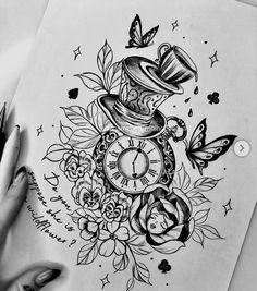 a drawing of a clock surrounded by flowers and butterflies with a top hat on it