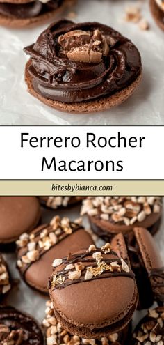 there are chocolate macarons with nuts on the top and one is cut in half