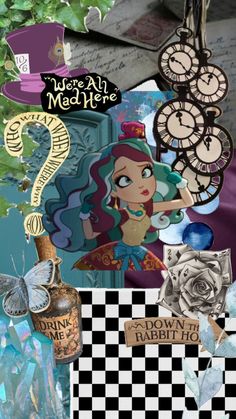 there is a collage with clocks and other things on it, including an image of ariel the mermaid