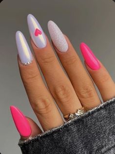 Pink Heart Nail Art, Hearts On Nails Design, Multicolor Nail Art Designs, Nail Art Pink Pastel, Neon Heart Nails, Hot Pink Valentine Nails, Barbie Pink Nails With Design, Pink Nails Barbie, White Pink Nails