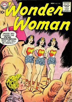 an old comic book cover with three women in wonder costumes and one is holding the hand of