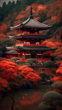 the pagoda is surrounded by red trees and water