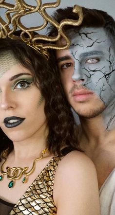 a man and woman with makeup on their faces