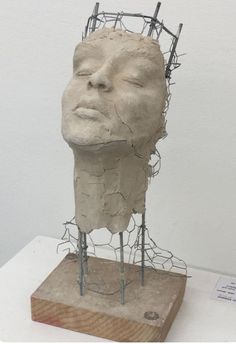 a sculpture is on display with wire wrapped around it's head and face,