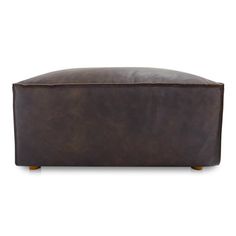 a brown leather ottoman with wooden legs