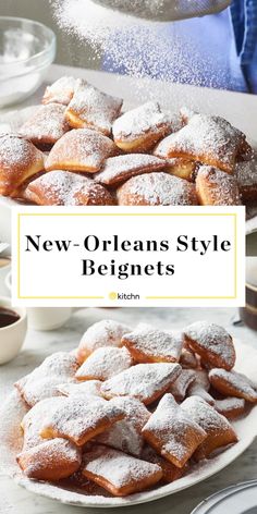 new orleans style beignets with powdered sugar sprinkled on top and below