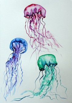 an image of two jellyfishs in watercolor on white paper with red and blue ink