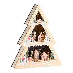 a wooden christmas tree with houses and trees on it