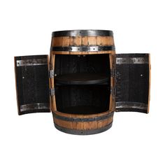 a wooden barrel with two shelves on the side