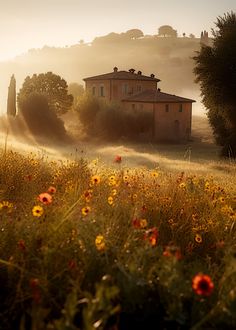 an old house in the middle of a field with wildflowers